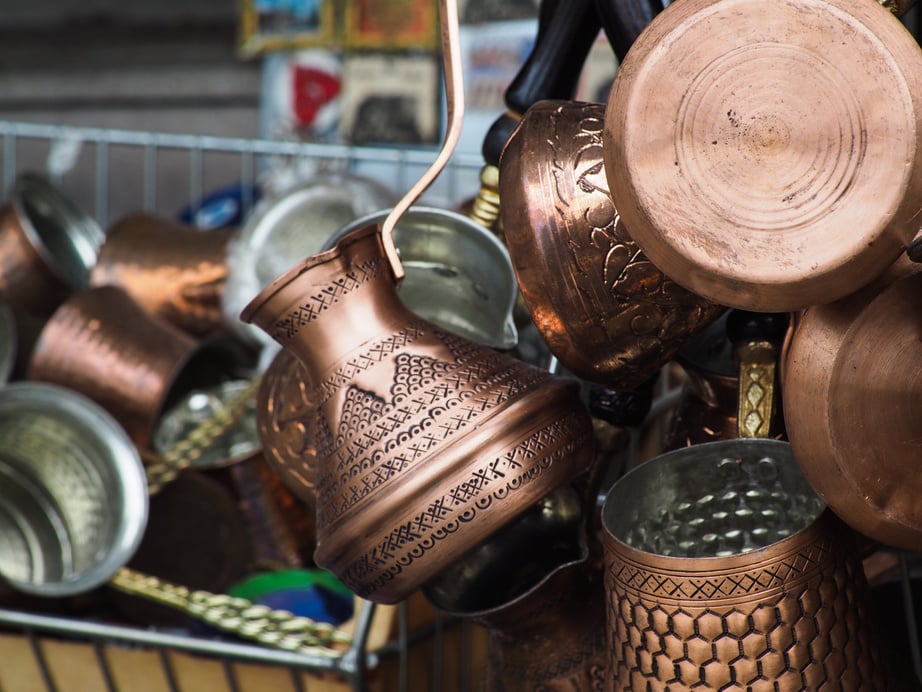 Coffee pots where dibek coffee made in the sand is prepared in Ankara Castle.